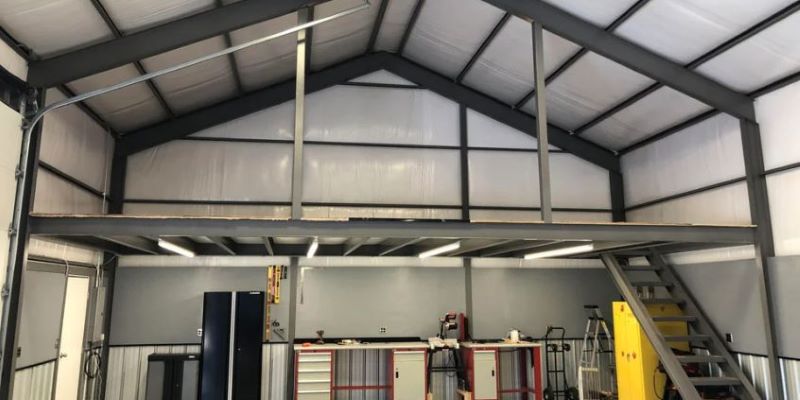 Garage with mezzanine loft storage area